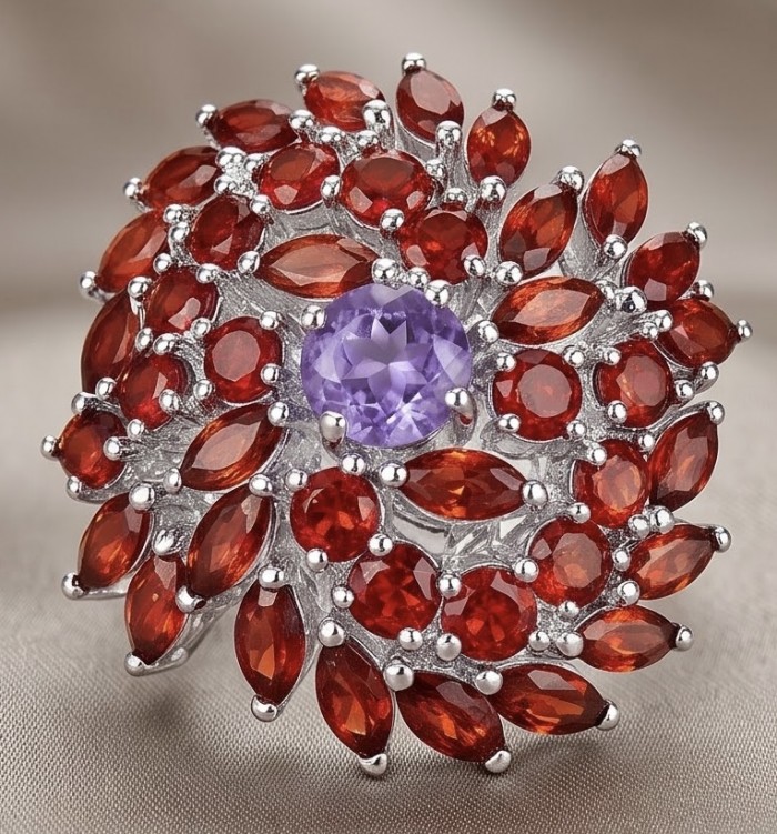 Clementine - Precious 32.5 carat Multigem .925 Sterling Silver dipped in rhodium handcrafted Statement Ring size 7 - Close-up of Clementine multigem brooch with red and purple stones.