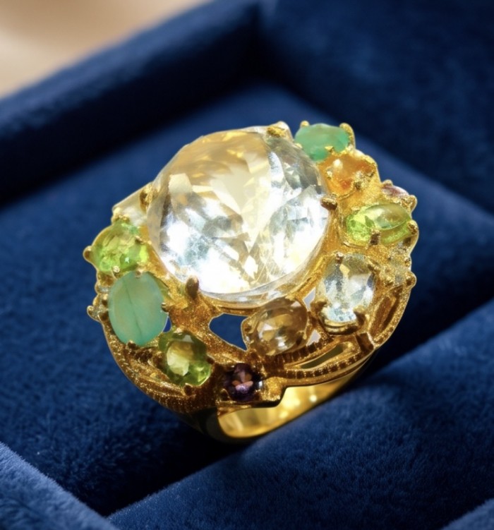 Dolce Vita - Natural 32.8 carat Citrine .925 Sterling Silver dipped in 22K Gold handcrafted Statement LARGE ring; s. 8 - Close-up of multi-gemstone Dolce Vita ring on blue velvet background.
