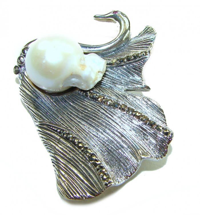 Perfect Swan Mother of Pearl Ruby .925 Sterling Silver handmade Pendant Brooch - Swan-shaped brooch side view with pearl and silver detailing