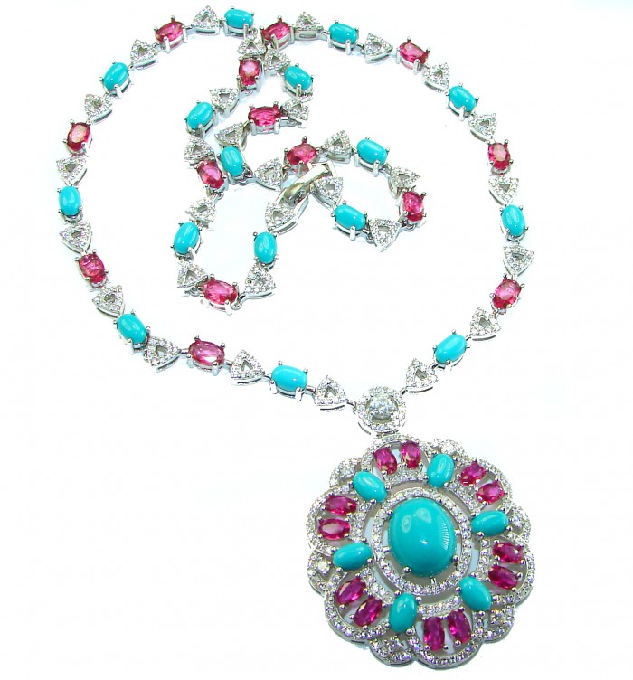 Art Deco - Pacifica - 68.4 carat Sleeping Beauty Turquoise Pink Tourmaline .925 Sterling Silver handmade Statement necklace; 18 inches long - Top view of Art Deco turquoise and pink gemstone necklace.