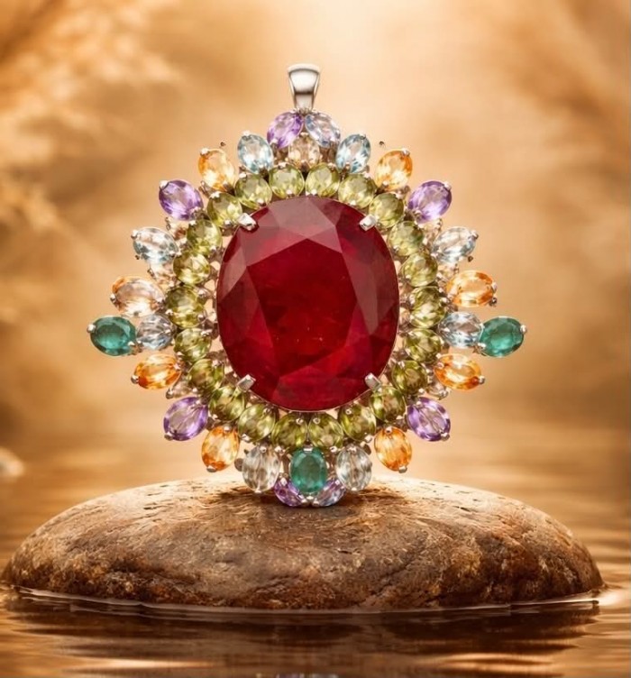 Rainbow Rapsody - RARE FINDING - 55.7 carat Authentic Ruby .925 Sterling Silver handcrafted Pendant Brooch - Close-up of Rainbow Rapsody pendant with 55.7 carat ruby.