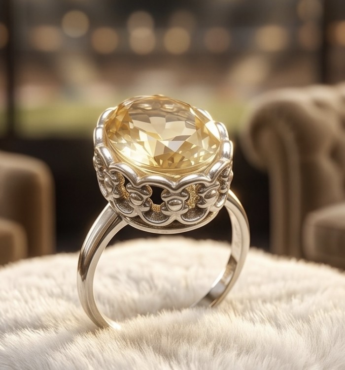 Summer Friday 14.8 carat Genuine Lemon Quartz .925 Sterling Silver handcrafted ring size 9 1/2 - Close-up of Summer Friday 14.8 carat Lemon Quartz ring on display.