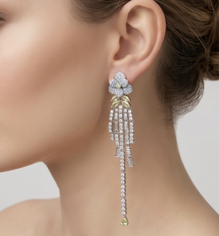 Luxurious Golden - 8.2 carat yellow Montana Sapphire .925 Sterling Silver handcrafted Statement earrings - Side view of a luxurious yellow sapphire earring being worn.