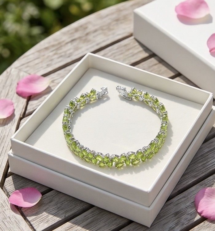 Melissa - Great Masterpiece 52.2 carat genuine Peridot .925 Sterling Silver handmade Statement bracelet - Peridot bracelet in box with pink petals, top view