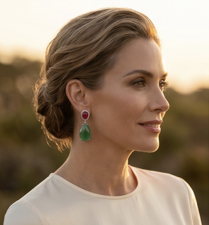 Valentina 28.2 carat Ruby Emerald Sapphire .925 Sterling Silver dipped in rhodium Statement handcrafted earrings - Side view of woman wearing Valentina ruby emerald sapphire earrings.