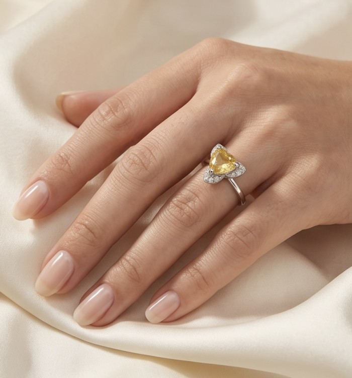 Yellow Heart 4.2 carat Brazilian Citrine .925 Sterling Silver handcrafted ring; s. 8 3/4 - Citrine ring worn on hand, showcasing yellow heart-shaped stone.