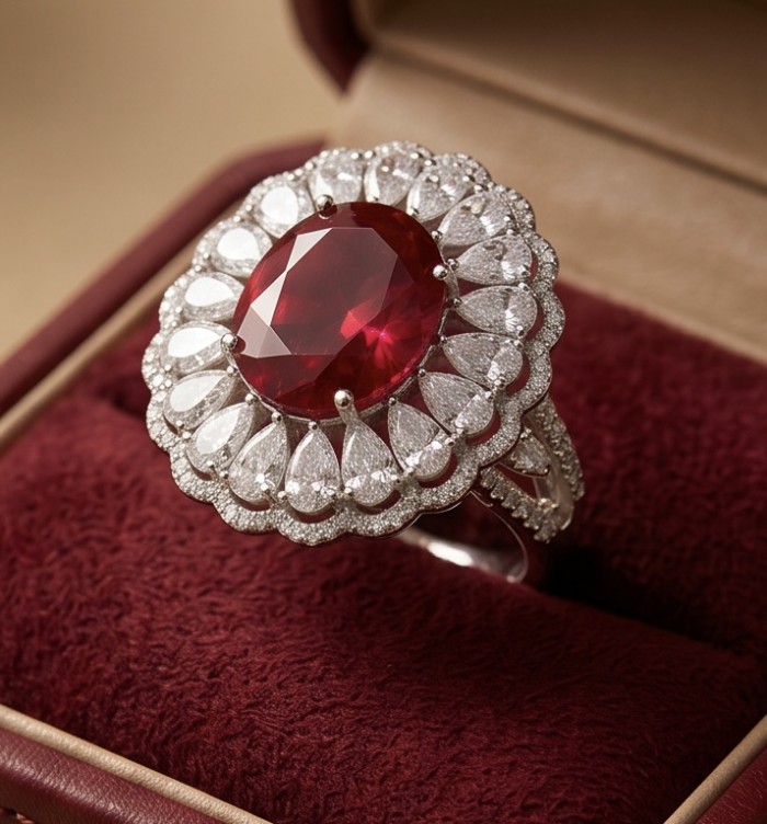 Scarlett 19.7 ctw Mozambique Star Ruby .925 Sterling Silver dipped in 18K WHITE Gold handcrafted Statement Ring size 7 - Ruby ring in box, stone close-up, ornate silver setting and diamonds.