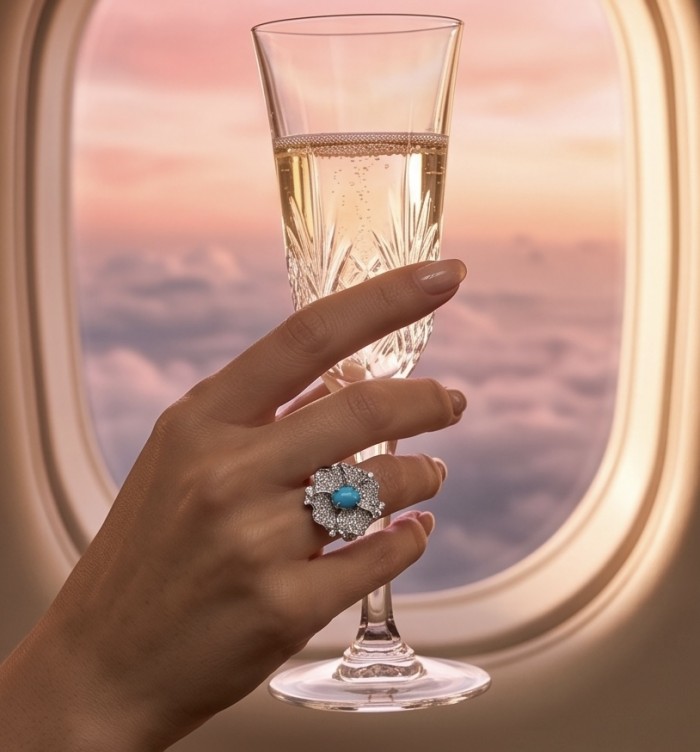 Pacifica - 3.4 carat Sleeping Beauty Turquoise .925 Sterling Silver handmade Statement Ring size 8 - Person holding champagne with Pacifica turquoise ring, worn on hand