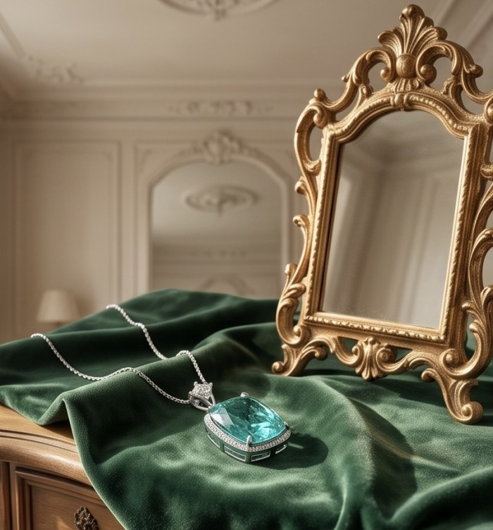 Brazilian's Briliance - emerald cut 31.7 carat Paraiba Tourmaline .925 Sterling Silver handcrafted necklace - Emerald cut 31.7-carat Paraiba Tourmaline necklace on green fabric