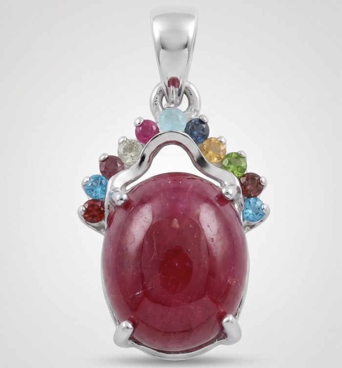 Authentic 6.5 CARAT Ruby .925 Sterling Silver Pendant - Front view of 6.5 carat ruby pendant with multicolor gemstones.