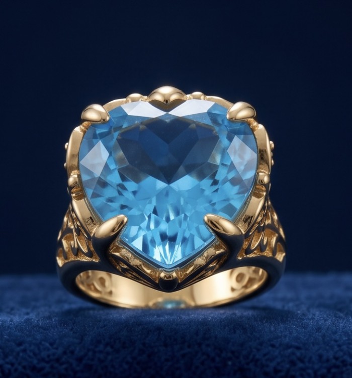 Blue Angel's Heart Natural heart cut 12.2 carat Swiss Blue Topaz Enamel .925 Sterling Silver dipped in 22K Gold handmade Statement Ring size 7 - Close-up of gold ring with 12.2 carat heart-cut Swiss Blue stone.