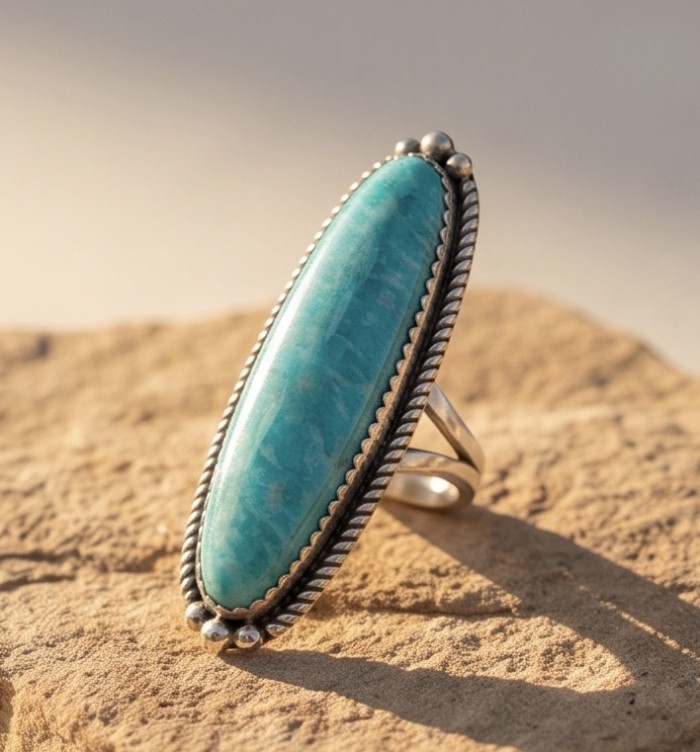 Go West - Rare authentic Manassa Green Turquoise from Colorado .925 Sterling Silver handcrafted Large ring; s. 6 3/4 - Stone close-up of Go West ring with Manassa Green Turquoise