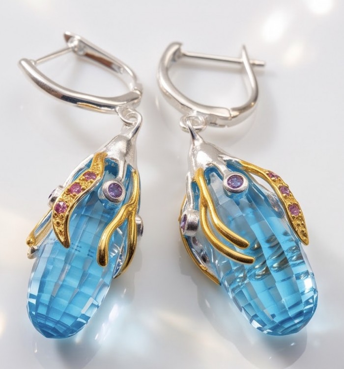 Blue Ocean Drops - 22.7 carat carved Swiss Blue Topaz 0.8 CARAT Ruby .925 Sterling Silver dipped in Rhodium Handcrafted Statement earrings - Close-up of Blue Ocean Drop earrings with Swiss Blue Topaz stones.