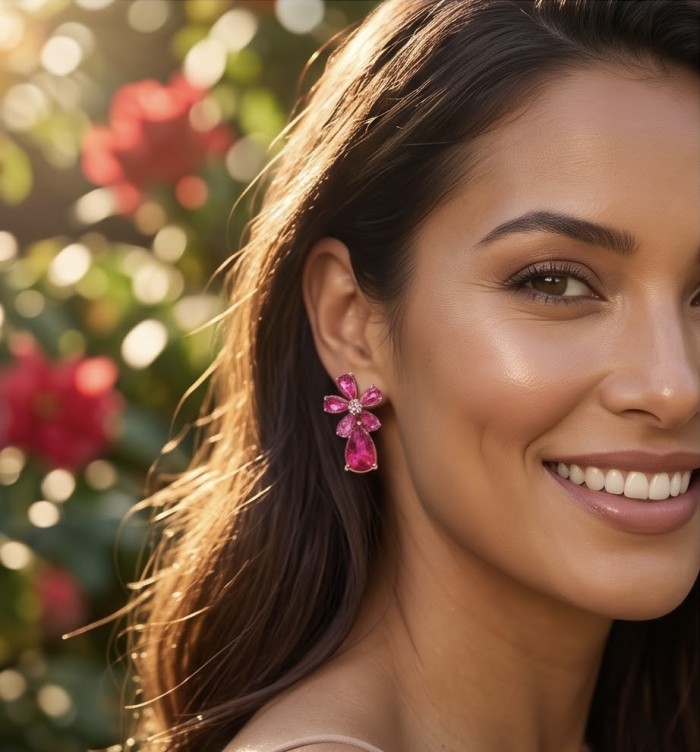Giovanna - Magnificent floral design- 8.2 carat Kasmir Ruby .925 Sterling Silver dippedin 22K Gold handcrafted incredible Statement earrings - Woman wearing Giovanna earrings, floral design, side view, 8.2ct Kashmir Ruby.