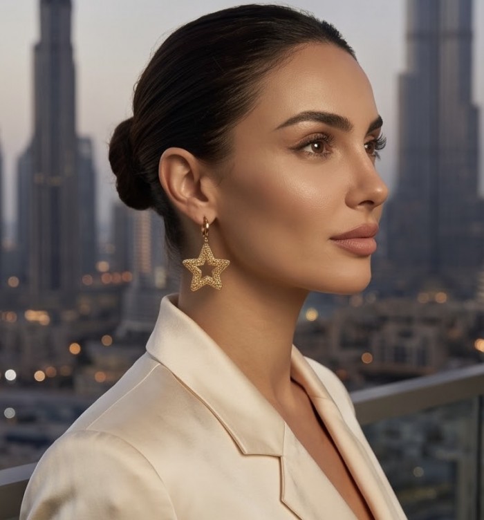 Golden Stars- Dubai Style - .925 Sterling Silver dipped in 22K Gold handmade Earrings - Side view wearing Golden Stars earrings, Dubai skyline in background.