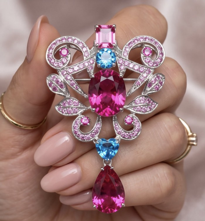 Marie Antoinette's Style 28.9 grams Fuchsia Pink Sapphire .925 Sterling Silver dipped in Rhodium handmade LARGE Pendant - Brooch - Close-up of vintage style fuchsia pink sapphire jewelry in hand.