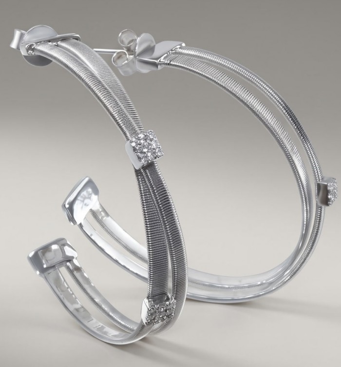 Extravaganza 4.5 carat White Topaz rhodium over .925 Sterling Silver handmade Hoop Earrings - Side view of Extravaganza hoop earrings with white topaz accents.