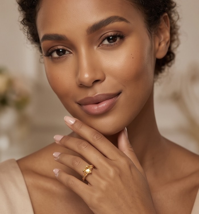 Victoria 5.2 carat Brazilian Citrine .925 Sterling Silver dipped in 22K Gold handcrafted ring; s. 9 - Woman wearing Victoria 5.2 carat Citrine ring on hand