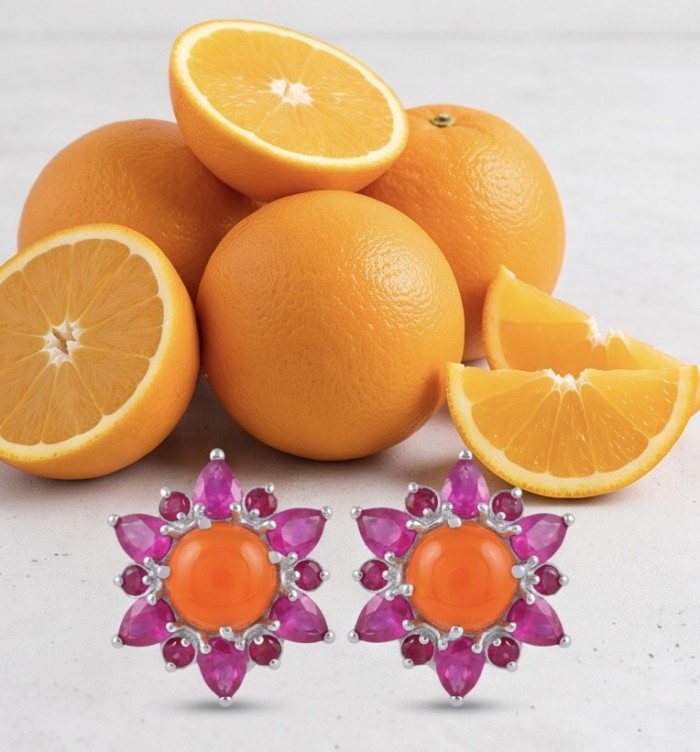 Beauty of nature Sublime Orange Carnelian RHODIUM OVER .925 Sterling Silver handmade earrings - Sublime Orange Carnelian earrings front view with oranges for contrast.