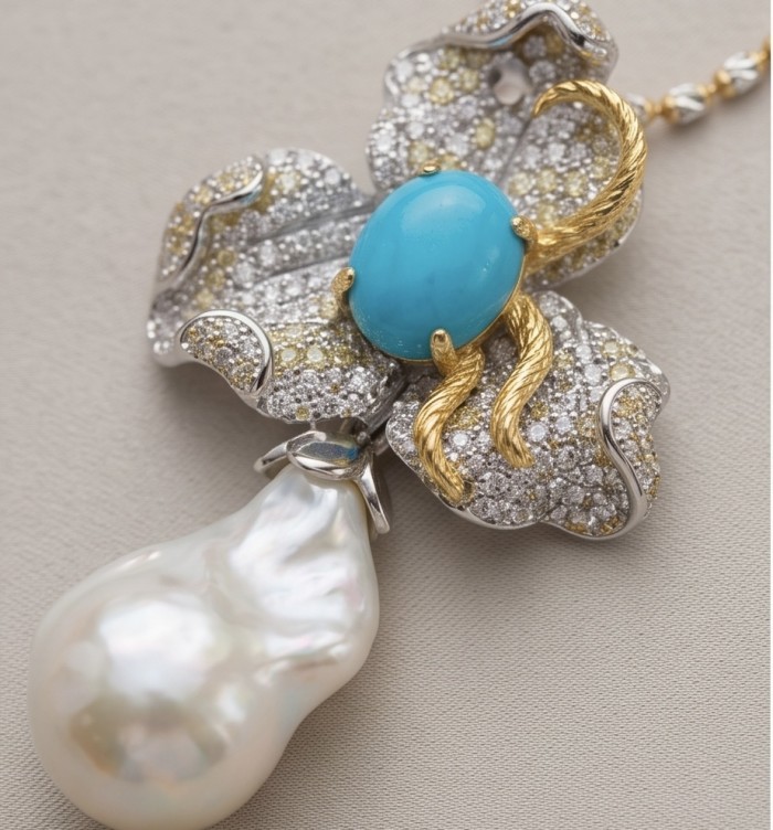 Precious Mother of Pearl 8.4 carat Sleeping Beauty Turquoise 18K Gold over .925 Sterling Silver Necklace; 20 inches long - Close-up of pendant with pearl and turquoise on a detailed flower design.