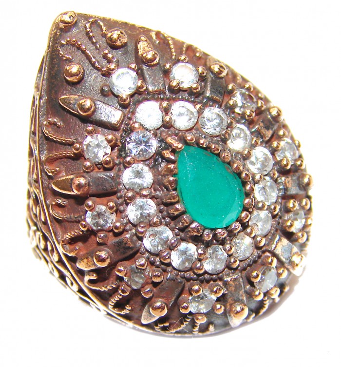 Victorian Style created Emerald & White Topaz Copper over Sterling Silver ring; s. 5 3/4 - photo 1
