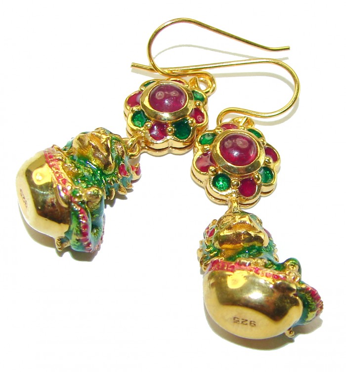 Green Lizards Authentic Ruby Enamel 18K Gold over .925 Sterling Silver handcrafted earrings - photo 3
