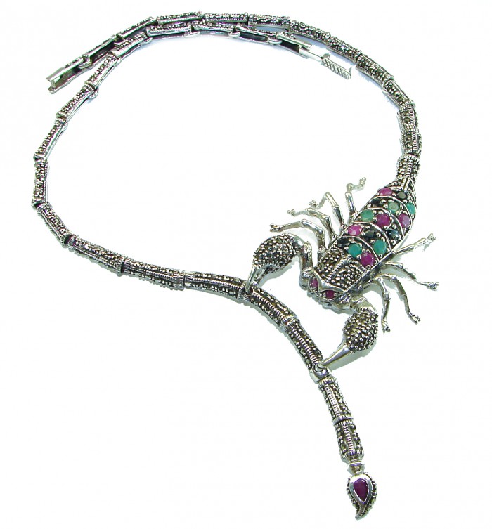 Large SCORPIO Genuine Ruby Emerald Marcasite .925 Sterling Silver handmade handcrafted Necklace - Scorpion necklace with ruby and emerald, angled top view.