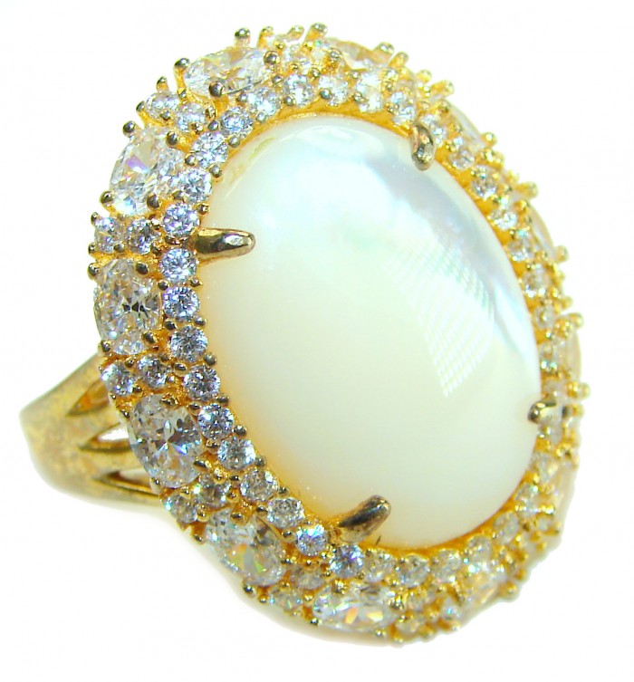Luxurious Blister Pearl 1.23 carat lab. grown diamonds 18K Gold over .925 Sterling Silver brilliantly handcrafted ring s. 8 1/4 - Close-up of luxurious blister pearl ring with lab-grown diamonds, 18K gold.