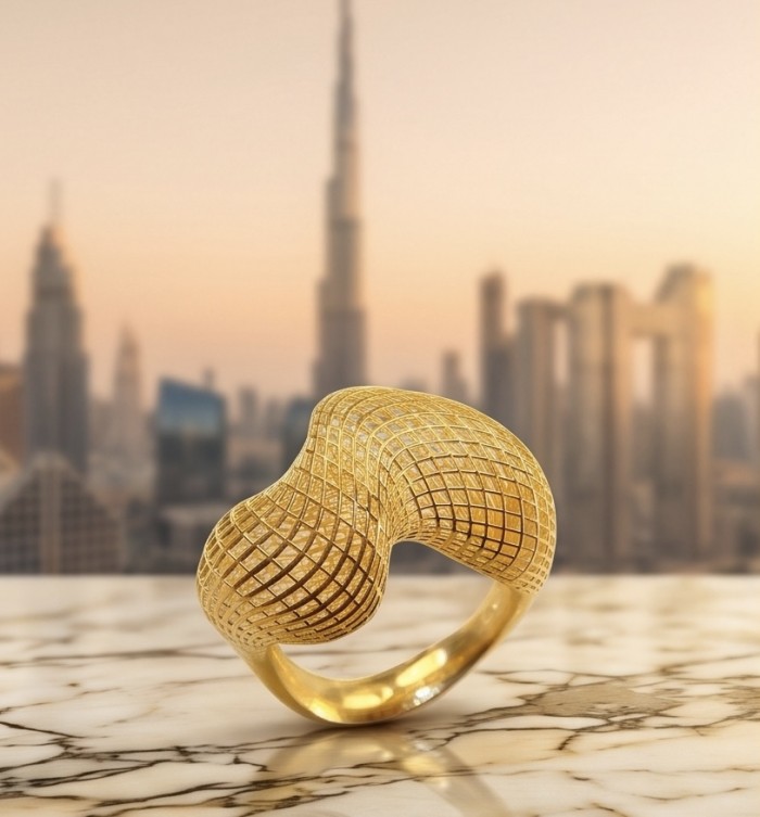 Dubai Style - .925 Sterling Silver dipped in 22K Gold handmade Large ring size 6 1/4 - Gold ring with geometric design on marble with city skyline backdrop.