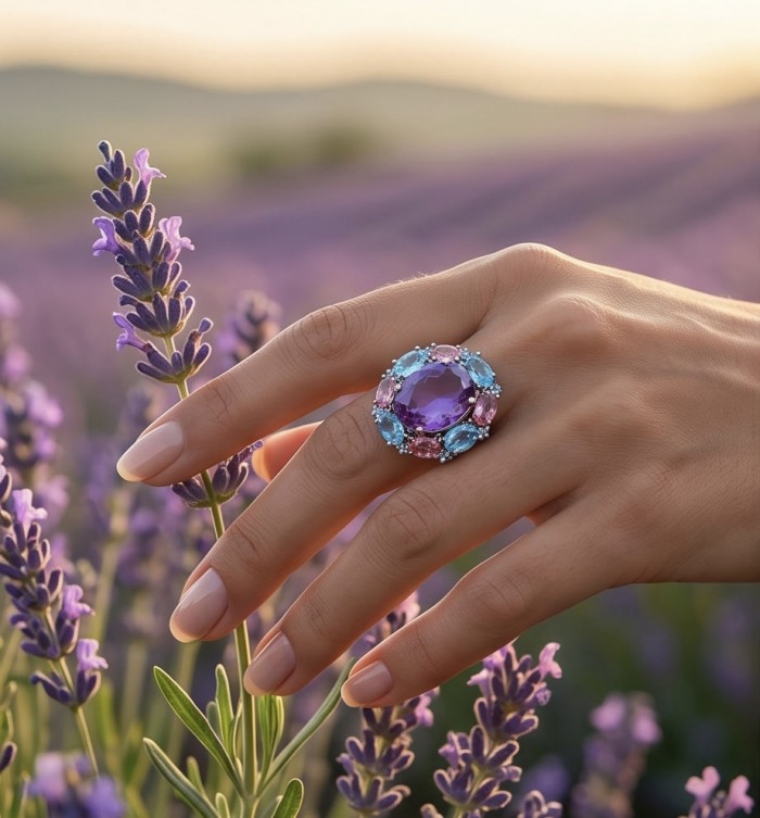 Francesca TOP QUALITY Genuine 33.7 carat Brazilian Amethyst rhodium over .925 Sterling Silver handcrafted Statement Ring size 7 1/4 - Amethyst ring worn on hand among lavender flowers.