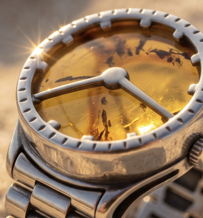 It's 4 O'Clock Somewhere Watch Authentic Baltic Amber .925 Sterling Silver handcrafted ring; s. 7 adjustable - Close-up of "It's 4 O'Clock Somewhere" amber watch face.