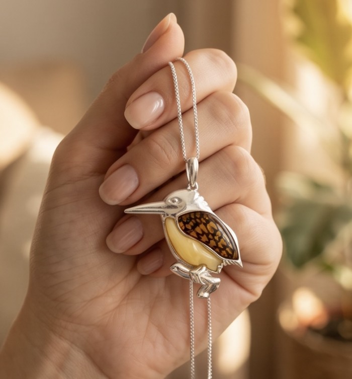 Summer Bird Amber .925 Sterling Silver handmade Pendant - Hand holding a bird-shaped amber and silver pendant, side view.