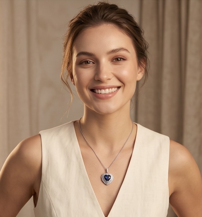 Titanic - Heart of The Ocean Necklace ~ 8.5 Ct Tanzanite Necklace In 925 Sterling Silver necklace - Woman wearing Titanic Heart of the Ocean necklace, front view.