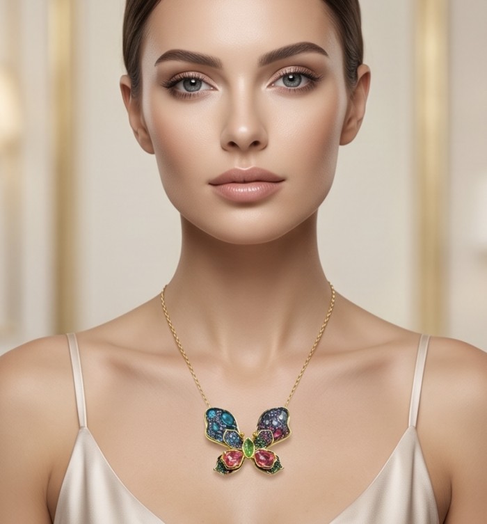 Precious Colorful Butterfly14.2 carat natural Topaz 14K Gold over .925 Sterling Silver Necklace - Brooch - Butterfly necklace worn, colorful gems, gold chain, frontal view.