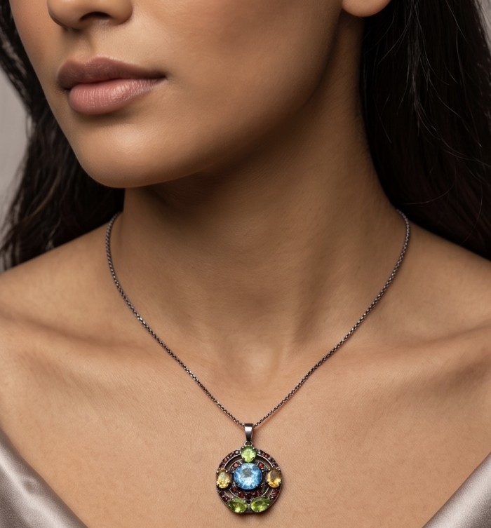 Colors of the Earth Precious 24.5 carat Multigem .925 Sterling Silver dipped in black rhodium Pendant - Necklace worn, featuring Colors of the Earth 24.5 carat multigem pendant.