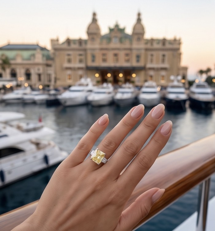 Luxurious baquette cut 6.7 carat Yellow Sapphire .925 Sterling Silver handcrafted Ring s. 8 1/4 - Yellow sapphire ring worn on hand, luxury yacht marina background