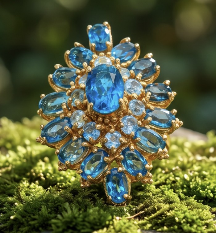 Oceania 10.9 carat authentic London Blue Topaz 22K Gold over .925 Sterling Silver Handcrafted Ring size 7 - Close-up of Oceania ring with London Blue Topaz and gold setting