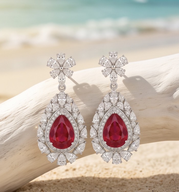 Exquisite 10.4 ctw Mozambique Ruby .925 Sterling Silver handcrafted Statement earrings - Elegant ruby and diamond earrings on beach background, front view.