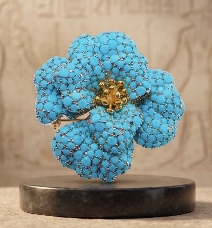 Retro Style - Precious Rose Genuine 24.2 carat pave Turquoise rhodium over .925 Sterling Silver handmade Pendant - Brooch - Close-up of turquoise rose brooch on display stand