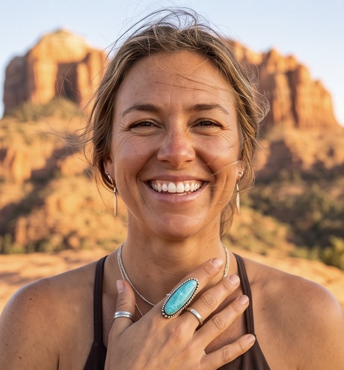 Go West - Rare authentic Manassa Green Turquoise from Colorado .925 Sterling Silver handcrafted Large ring; s. 6 3/4 - Woman wearing Go West Manassa turquoise ring, hand on chest.