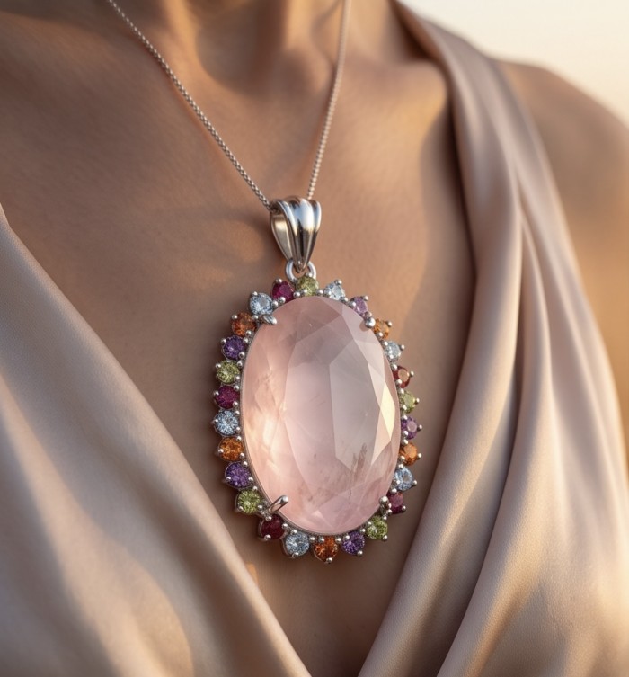 Brazilian Beauty 28.5 carat ROSE QUARTZ rhodium over .925 Sterling Silver handcrafted pendant - Rose quartz pendant worn on neck, surrounded by multicolored gems.