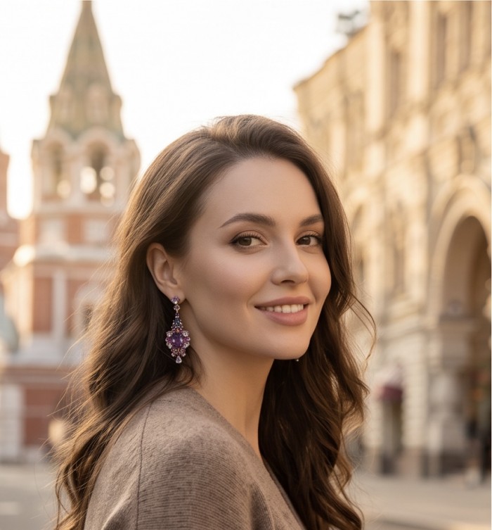 Fiesta Authentic 10.5 carat Multigem .925 Sterling Silver dipped in 18K Rose Gold handcrafted earrings - Woman wearing Fiesta multigem sterling silver earrings, side view.
