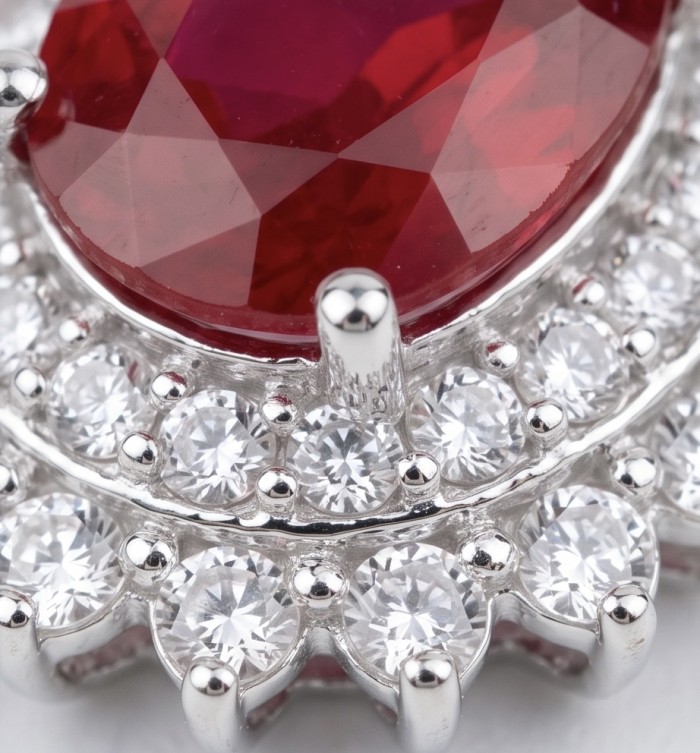 Art Deco - Genuine 3.8 carat Ruby rhodium over .925 Sterling Silver handcrafted Statement Pendant - Close-up of Art Deco ruby with diamond halo, rhodium-plated sterling.