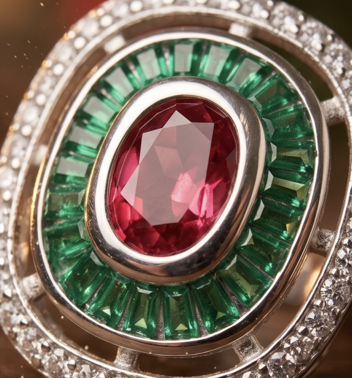 Art Deco 8.6 ctw Ruby Rhodium plated .925 Sterling Silver handcrafted Statement Ring size 8 - Close-up of Art Deco ruby silver ring with emerald and diamond accents