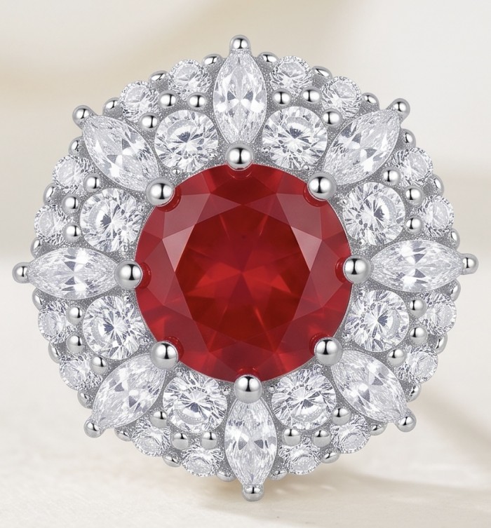 Genuine 3.8 carat Ruby rhodium over .925 Sterling Silver handcrafted Statement Earrings - Close-up of genuine 3.8 carat ruby ring in rhodium over sterling silver