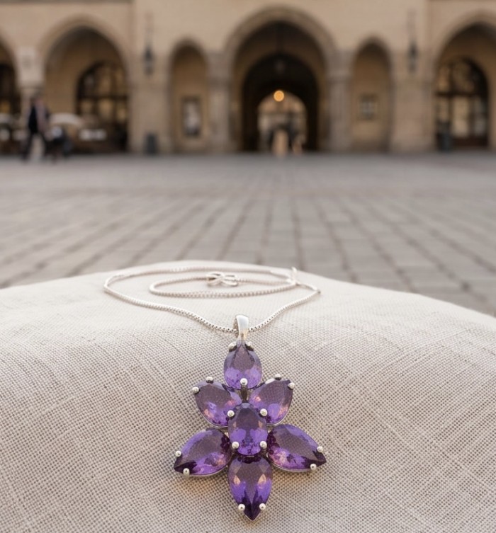 Authentic 24.5 carat Brazilian Amethyst rhodium over .925 Sterling Silver handcrafted Statement Pendant - Close-up of Brazilian amethyst pendant against blurred plaza background