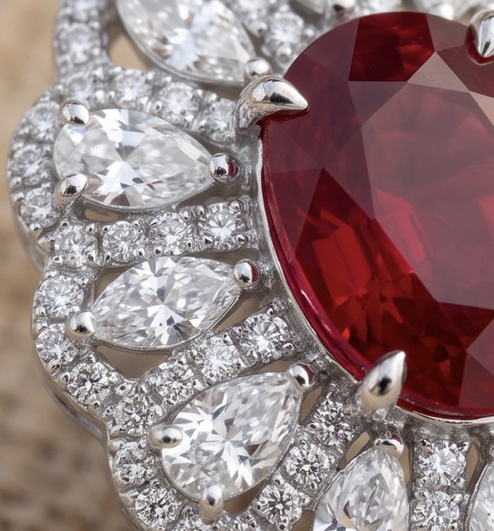 Genuine 3.8 carat Ruby rhodium over .925 Sterling Silver handcrafted Statement Earrings - Close-up of ruby and diamond accents in silver heart-shaped jewelry.