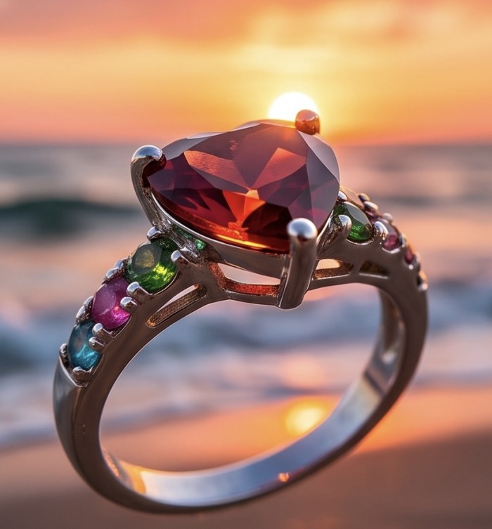 Red Heart 4.8 carat natural Garnet rhodium over .925 Sterling Silver Handcrafted Ring size 7 - Close-up of red heart garnet ring with colorful side stones at sunset.