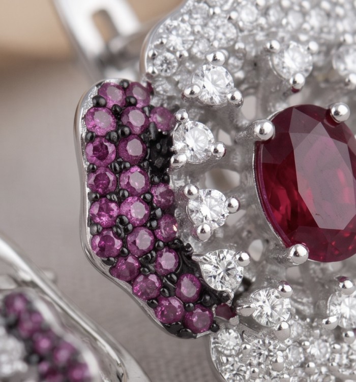 Natural 4.2 carat Mozambique Ruby .925 Sterling Silver dipped in 22K Gold Handcrafted Earrings - Close-up of Mozambique ruby and diamonds in .925 sterling silver setting.