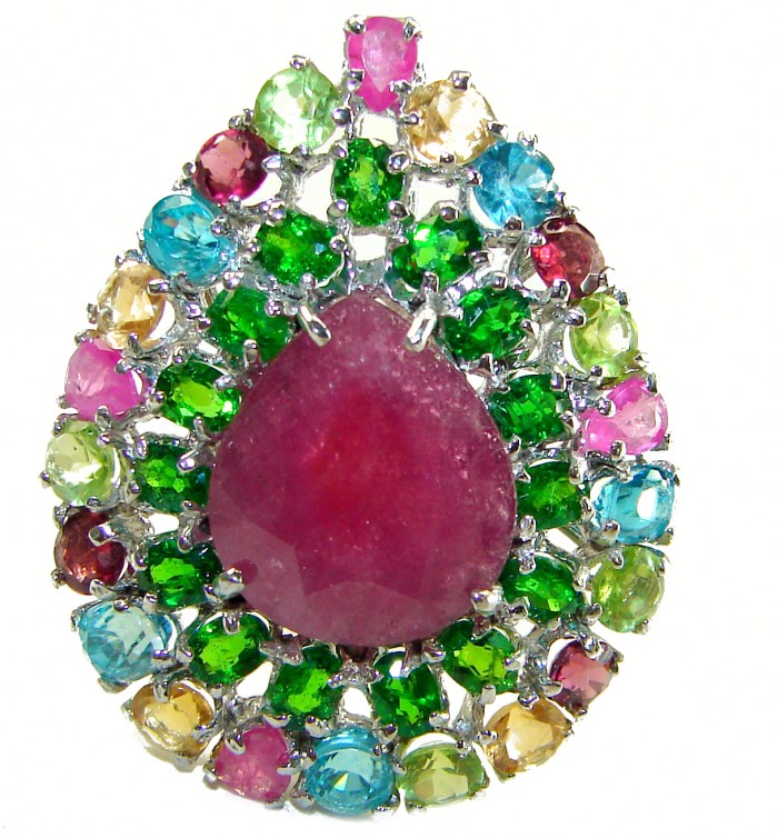 Spectacular Authentic 4.3 carat Ruby .925 Sterling Silver handmade Cocktail Ring s. 5 1/2 - Close-up of multicolored gemstone pendant set in sterling silver.